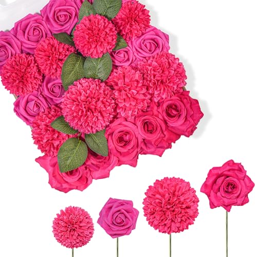 TINGE TIME Rose Artificial Flowers Combo 23pcs Hot Pink Gradient Fake Flowers Chrysanthemum with Stems for DIY Wedding Bouquets Table Centerpieces Baby Shower Party Home Decorations