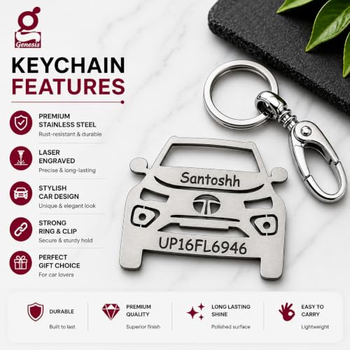Image of Personalized Stainless Steel Key Chain /Key Ring | Durable, Compatible with All Models | Customized Car Number Plate | Ideal Gift for Him (Silver)