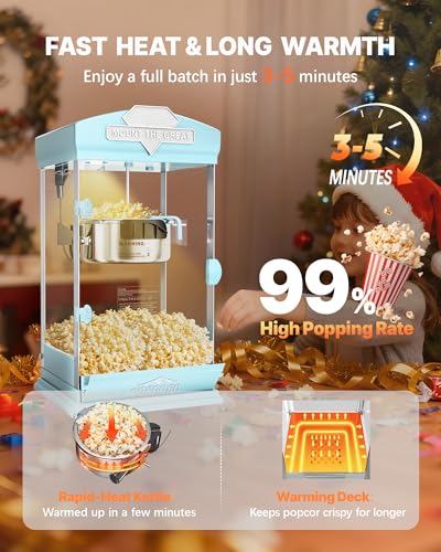 Image of 8 Oz Popcorn Machine, Movie Theater Style Pop Corn Machine Maker, 300 W, Table Top Popcorn Maker Machine Makes Up to 32 Cups, Popcorn Popper Machine with Stainless-Steel Kettle for Home Family, Cyan