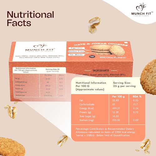 Image of Munch Fit Tasty Millet Egg Less Cookies 125gm Pack of 3, Made with Oats, Almonds, Jowar Atta & Desi Khand I No Maida Fresh Healthy Cookies I High In Fiber, Protein & Nutrition