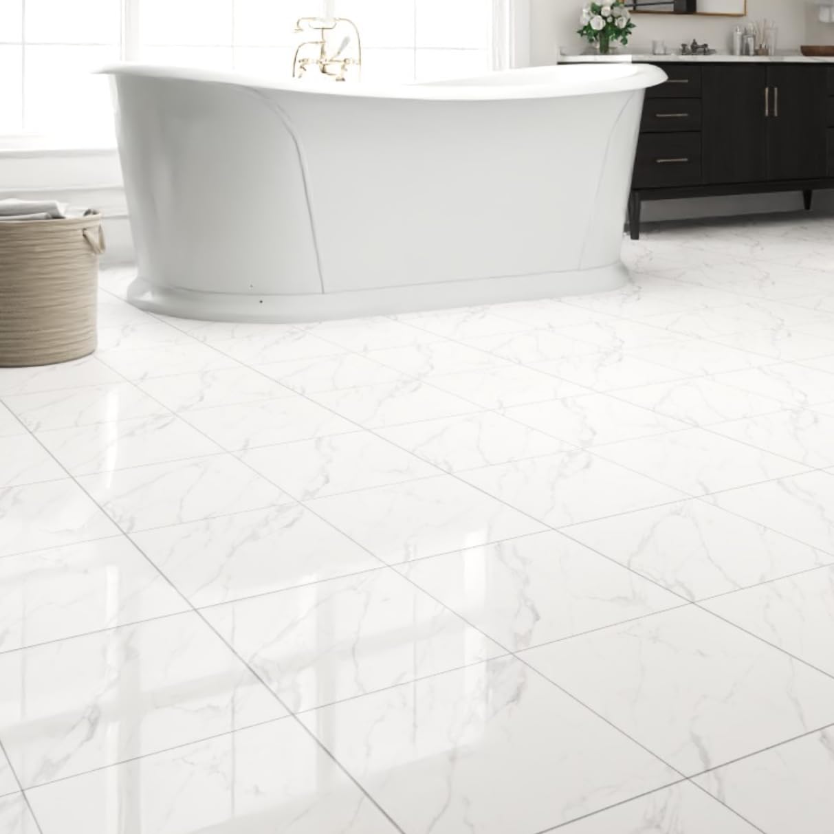 40-Pack Peel and Stick Floor Tiles Vinyl Floor 12 x 12 inch Self Adhesive Waterproof Glossy Flooring Planks DIY for Bathroom, Kitchen, Living Room, RV, Cover 40 Sq. Ft, Polish White Marble