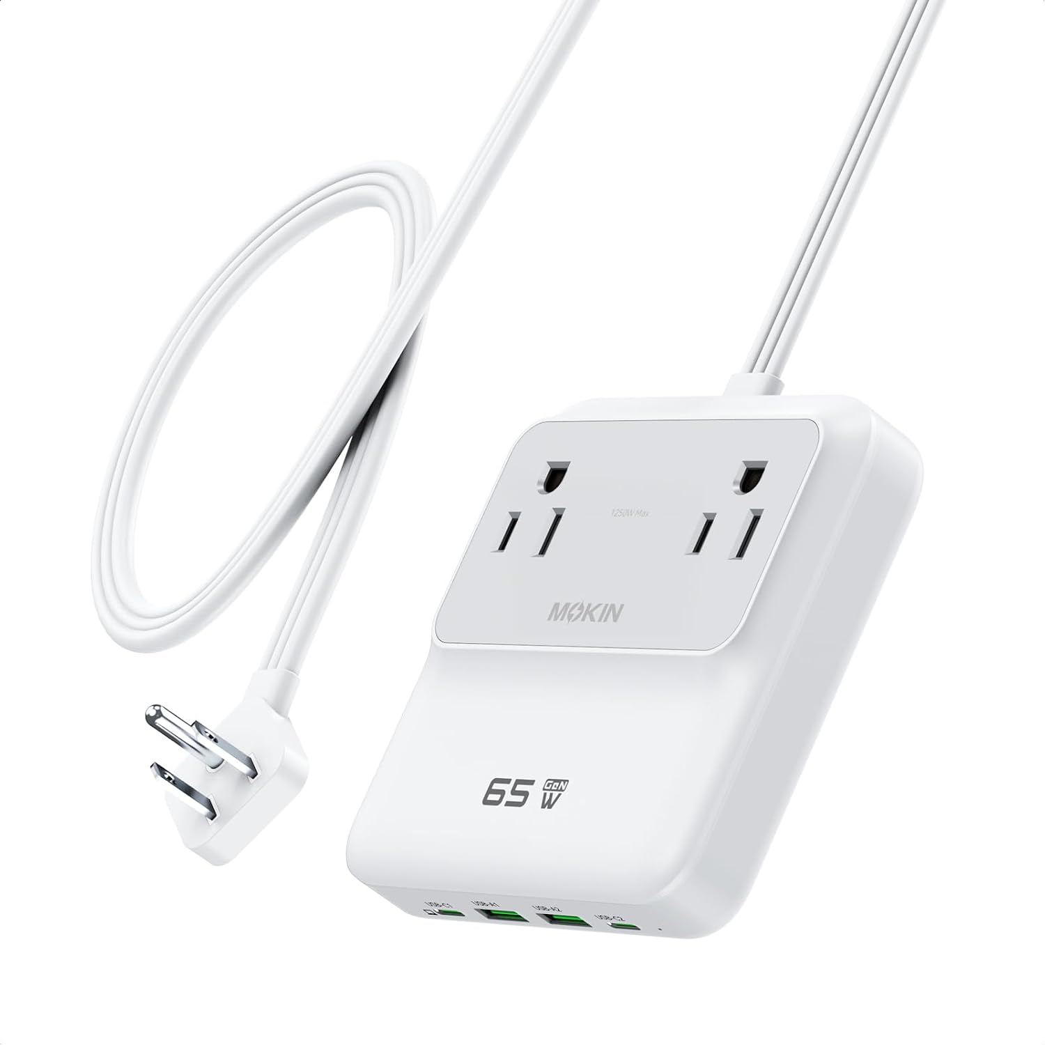 Charging Station, 65W Max 6-in-1 USB C Power Strip for iPhone 17/16 and MacBook, Flat Plug and 5ft Thin Undetachable Extension Cord,2 AC,2 USB-A,2 USB-C,Fast Charging Desktop Charger for Home & Office