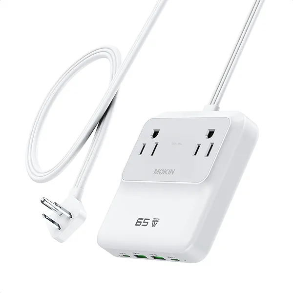 Charging Station 65W Max, 6-in-1 USBC Power Strip with Flat Plug and 5ft Thin Undetachable Extension Cord,2 AC,2 USB-A,2 USB-C,Fast Charging Desktop Charger for iPhone 17/16, MacBook, Home and Office