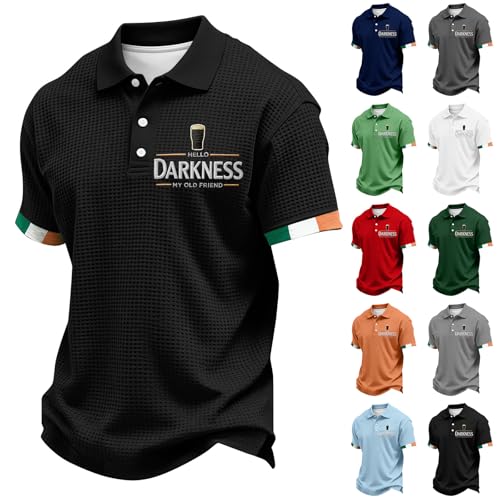 St Patricks Day Shirt Men Mens Hello Darkness My Old Friend T-Shirt Waffle Short Sleeve St. Patricks Day Polo Shirt Irish Beer Shirts(Large Black)