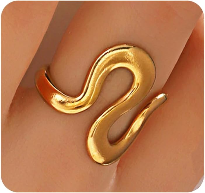 Stainless Steel Gold Chunky Rings for Women,Asymmetrical Wavy Curve Thumb Ring,Vintage Adjustable Anniversary Birthday Jewelry