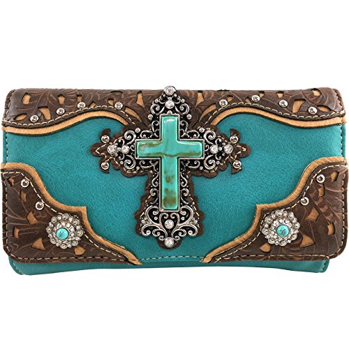 Justin West Tooled Leather Laser Cut Turquoise Rhinestone Cross Concho Studded Messenger Handbag with CrossBody Strap (Turquoise Wallet)