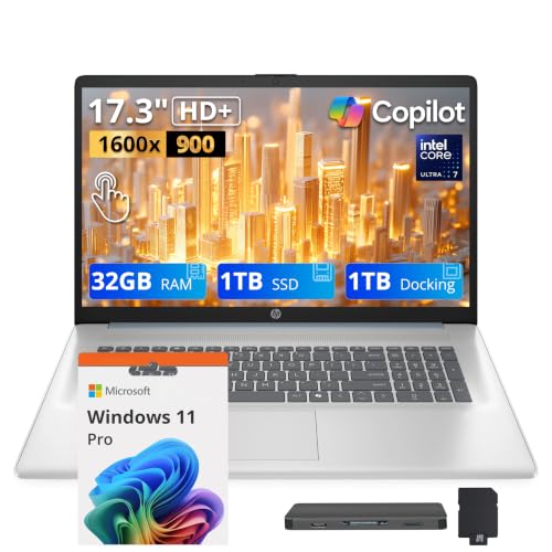 Image of HP 17.3 inch HD+ Touchscreen Laptop, Intel Core Ultra 7 255U, 32GB RAM, 2TB Storage (1TB SSD+1TB Docking Station), Intel Graphics, Backlit Keyboard, Webcam, Wi-Fi 6, Win 11 Pro, Moonlight Blue