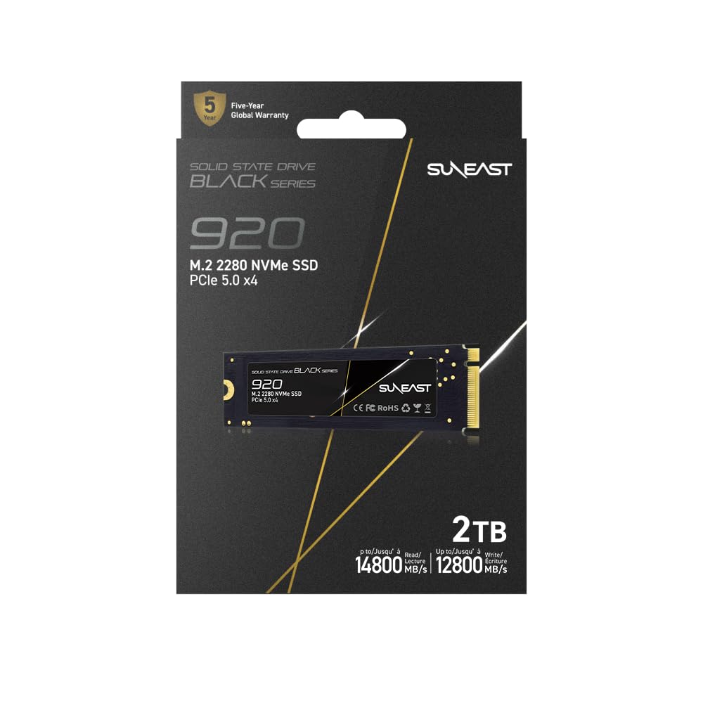 SUNEAST Black Series SSD, 2To, PCIe 5.0x4 M.2 2280 NVMe, Lecture : 14,800 Mo/s, Écriture : 12,800 Mo/s, pour l'informatique haute performance, le gaming et les stations de travail pour IA