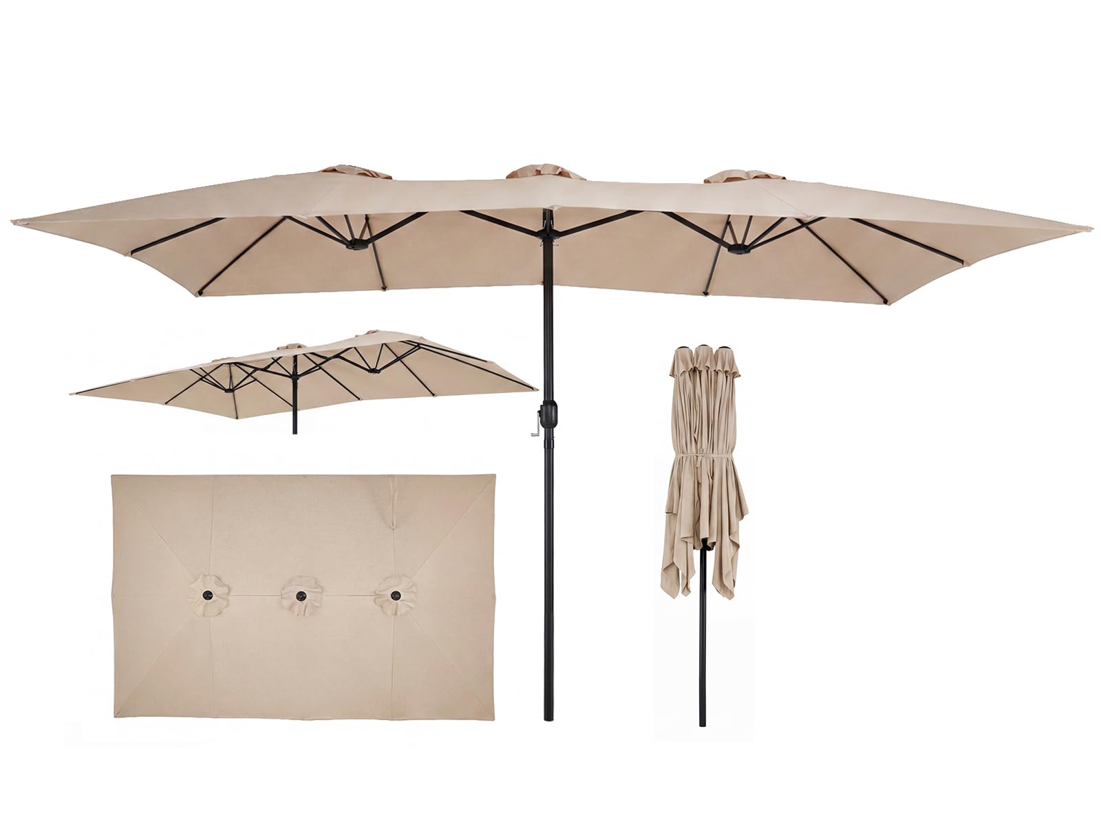 RELAX4LIFE Parasol Double Rectangulaire 4,2X2,6 M, Grand Parasol de Jardin Extérieur pour Terrasse/Piscine/Balcon, 12 Baleines, Structure Métallique, Protection Solaire, Montage Facile