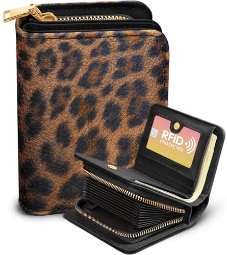 Image of Bistup Leather 12 Slot Accordion Card Holder Wallet, Brown Leopard | Accordion Storage, Zipper Around Closure, Compact Patterned Wallet for IDs, Cards, Cash, Daily Carry and Gifts