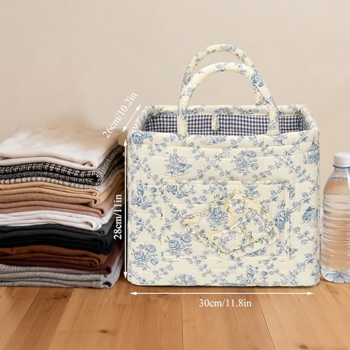 Image of Quilted Fabric Basket Foldable Car Storage Boho Floral Laundry Basket Hamper for Nursery Bedroom & Living Room | Organize Clothes Toys