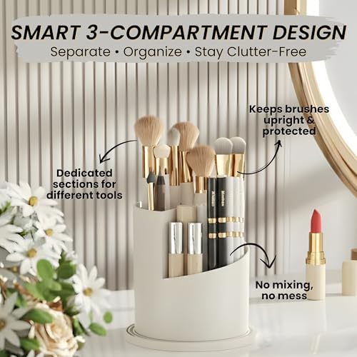 Image of OCEANEVO Cosmetic Makeup Brush Holder with Makeup Sponge, Dustproof Makeup Brush Organiser Stand with 360 Rotatable Lid - 12.5 x 27 Cm - White - 1 Year Warranty