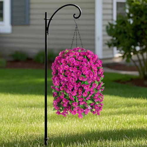Image of Ammyoo Artificial Faux Hanging Flowers Basket for Spring Outdoor Decor | Fake Silk Colorful Morning Glory Eucalyptus in Planter UV Resistant for Summer Home Porch Balcony Yard(Red Purple)