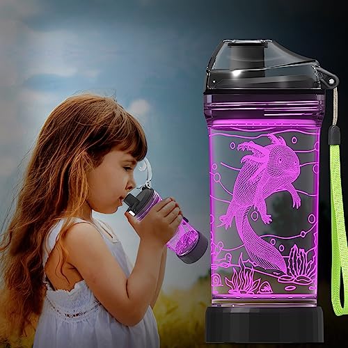 Ammonite Botella de agua para niños con luz LED brillante 3D – 14 oz Tritan libre de BPA – Taza de viaje ideal creativa regalo para la escuela, niño, vacaciones, camping, picnic (Axolotl2)