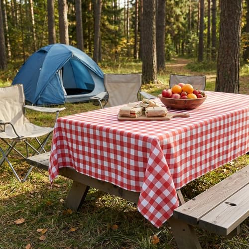 Image of sancua Checkered Vinyl Rectangle Tablecloth - 54 x 78 Inch - 100% Waterproof Oil Proof Spill Proof PVC Table Cloth, Wipe Clean Table Cover for Dining Tables, Buffet Parties and Camping, Red and White