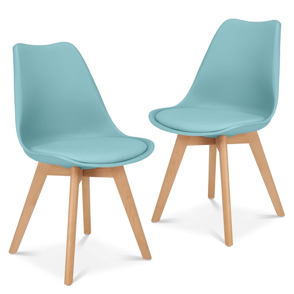 Bravich Rocco Dining Chairs Set of 2 with Cushion Pad Seat, Duck Egg Blue Plastic Kitchen Chairs with Wooden Legs, Modern Accent Chairs for Dining Room, Bedroom and Dressing Table