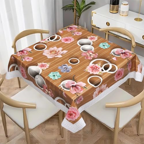 Image of Dakshya Industries PVC Waterproof Square Table Cover 48x48 Inch for 4 Seater Dining Table | Floral Printed Oilproof Stain Resistant Washable Plastic Table Cover, Orange