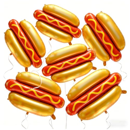 6 Pcs Hot Dog Balloons Giant Food Foil Balloons for Picnic BBQ Party Birthday Baby Shower Summer Cookout Themed Party Decorations