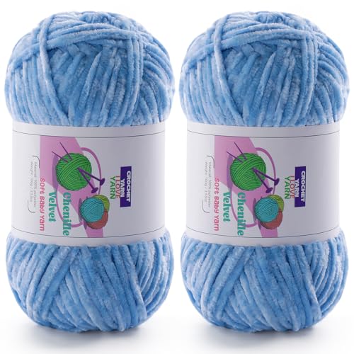 Image of Chenille Velvet Yarn for Crocheting, Blue Fuzzy Fluffy Yarn for Crochet | 2 Pack of 3.5 Oz /131.2 Yds Bulky Thick Chunky Yarn for Crocheting, Soft Amigurumi Yarn for knitting Baby Blankets, Scarves