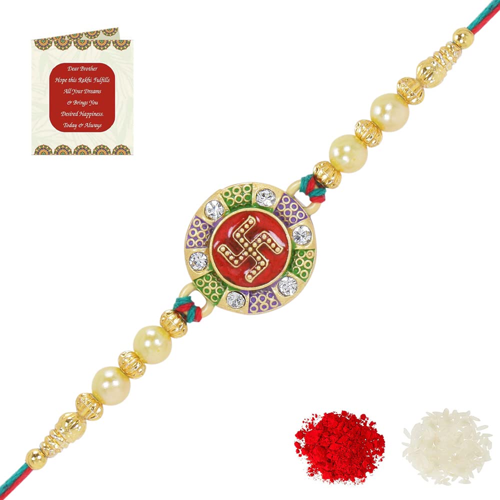 Riddhika Ventures Alluring Gold Plated Diamond Ring and Pearl Rakhi (Bracelet) with Roli Chawal & Greeting Card (P5)