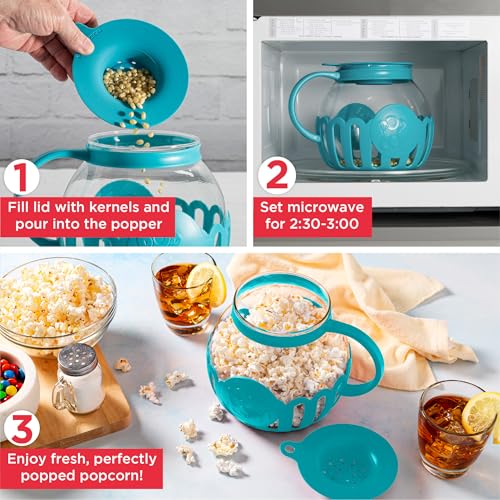 Ecolution Patented Micro-Pop Microwave Popcorn Popper with Temperature Safe Glass, 3-in-1 Lid Measures Kernels and Melts Butter, Made Without BPA, Dishwasher Safe, 3-Quart, Teal