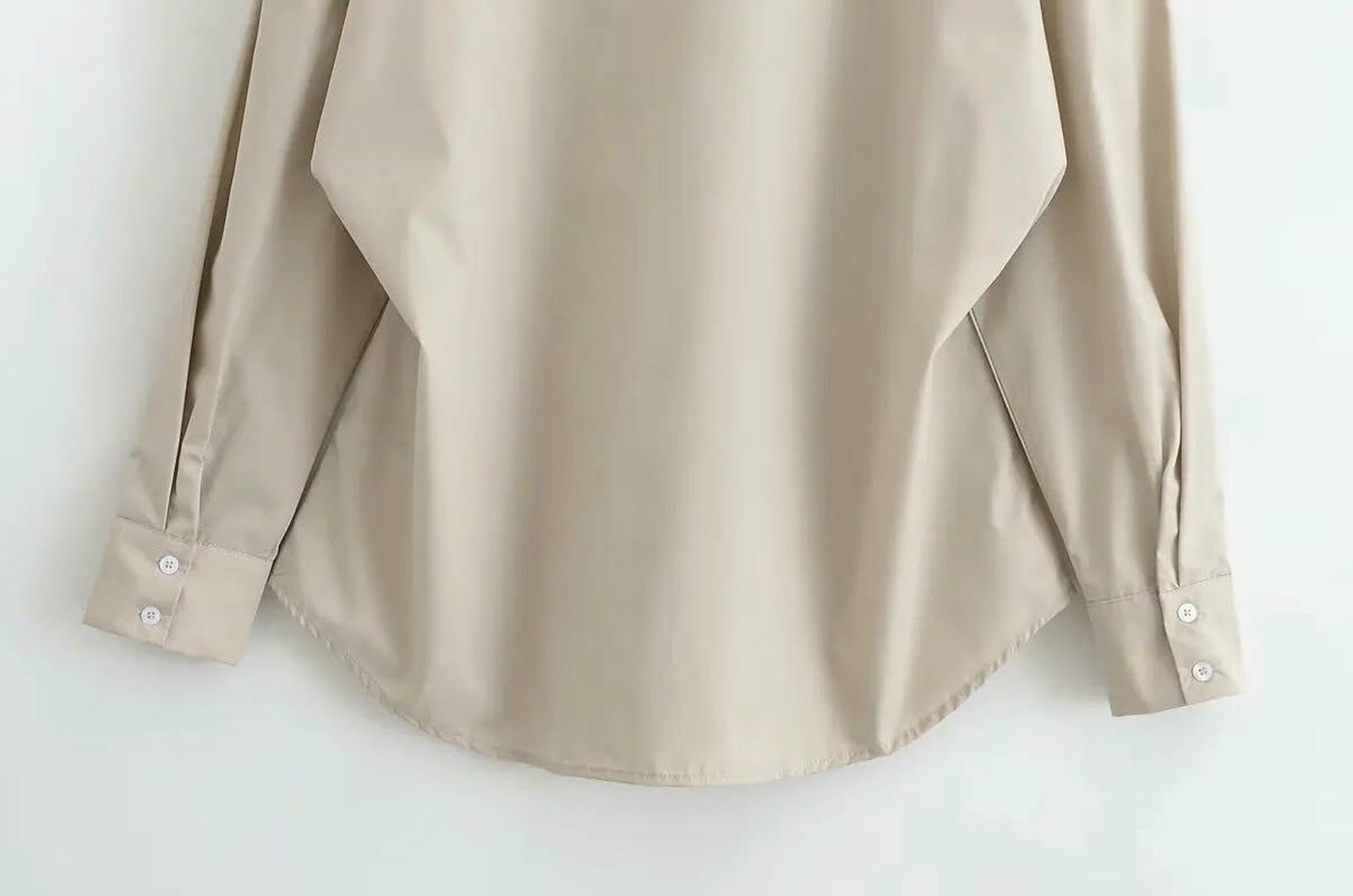 Camicia Donna Ampia con Cuciture Monopetto A Maniche Lunghe Risvolto Regolabile in Vita da Autunnale-Cachi-m