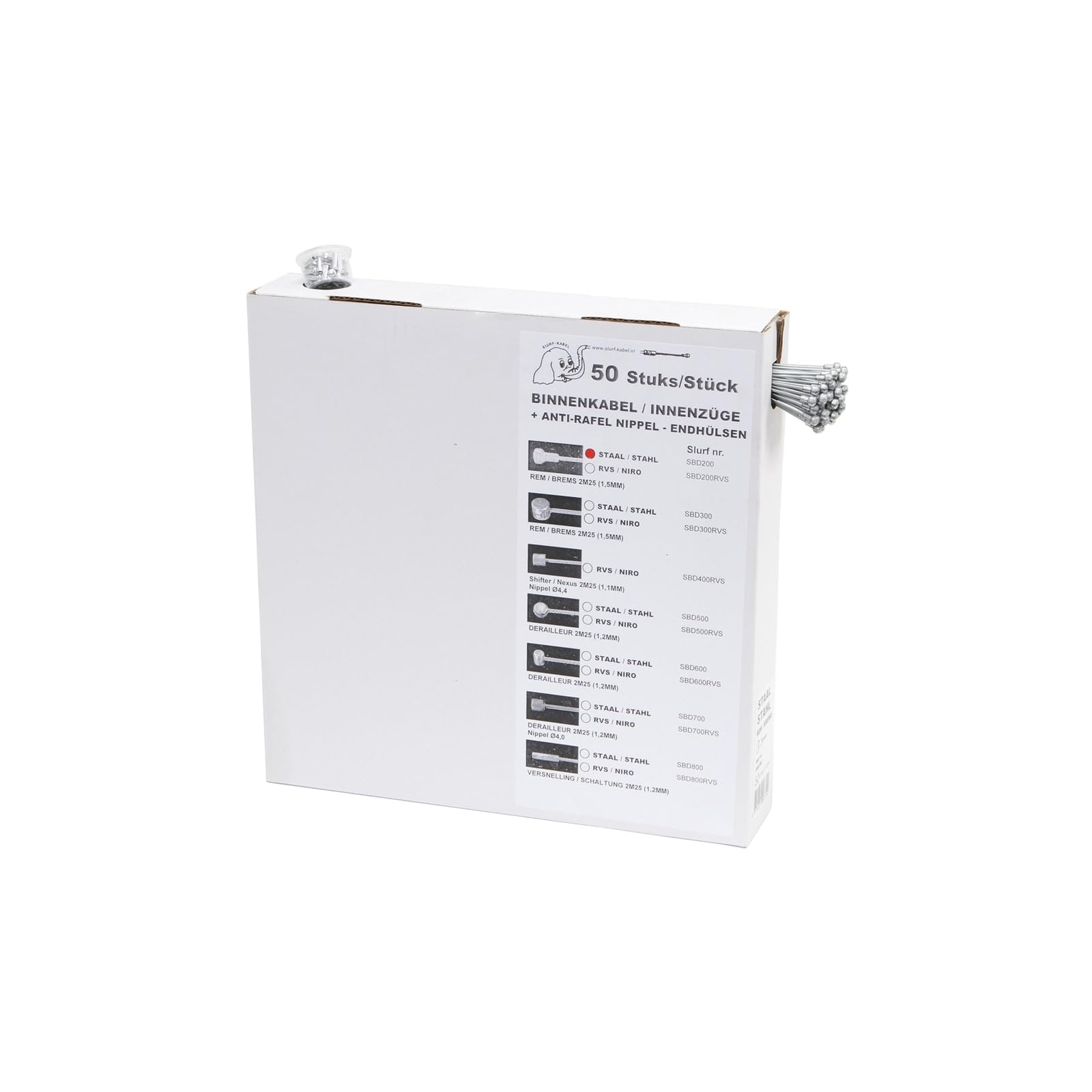 Slurf Bremsinnenzug Silber Einheitsgröße Bremsinnenzug Tresenaufsteller zu 50 Stück Ø 1.5 mm Länge 2250 mm mit Birnennippel inkl. 50 Endhülsen