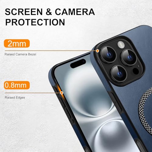 Image of KARWAN Shockproof Hybrid Leather Finish Back Case Cover Compatible with iPhone 16 Pro Max with Wireless MagEaze Charging Cover, Anti-Scratch Shield Case with Strong Minimalist Design (Blue)