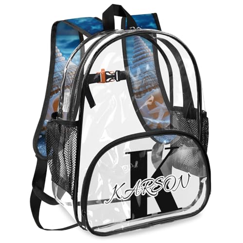 Personalized Nautical Coastal Large Clear Backpack Stadium Approved Heavy Duty PVC Plastic Custom Starfish Seashell Coral Beach Transparent Backpacks See Through Bag with Name2