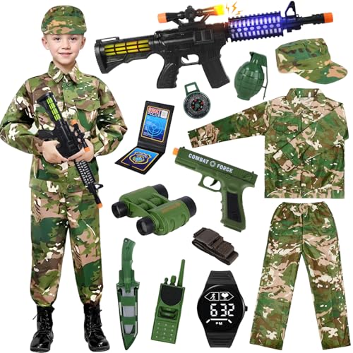 Disfraz Militar Niño, Disfraz de Militar Disfraz Soldado Niño,con Traje Militar,Sombrero Camuflaje,Walkie-Talkie Metralleta Pistola Juguete,para Disfraces Niño Niños Halloween Carnaval Juego Rol