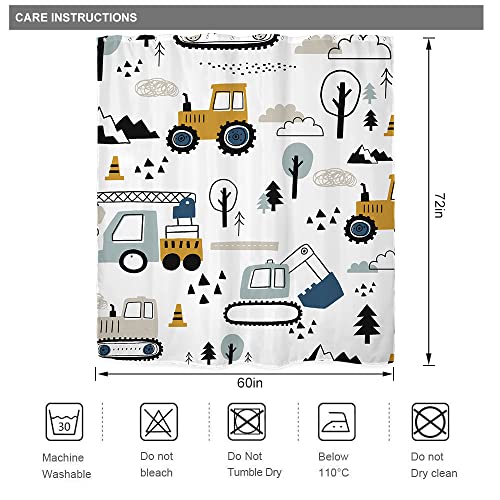 Riyidecor Construction Truck Shower Curtain For Bathroom Decor 60Wx72H Cartoon Excavator For Boys Kids Machinery Navy Blue Yellow Trees Art Printed Fabric Polyester Waterproof 12 Pack Plastic Hooks #TOP2