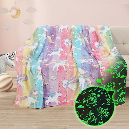 Catalonia Classy Kuscheldecke Kinder Leuchtet im Dunkeln Einhorn, Weich Flauschig Fleece Plüsch Kinderdecke für Sofa Bett, Kuschelig Warme Geschenk Decke für Mädchen, 150 x 130 cm, Einhorn