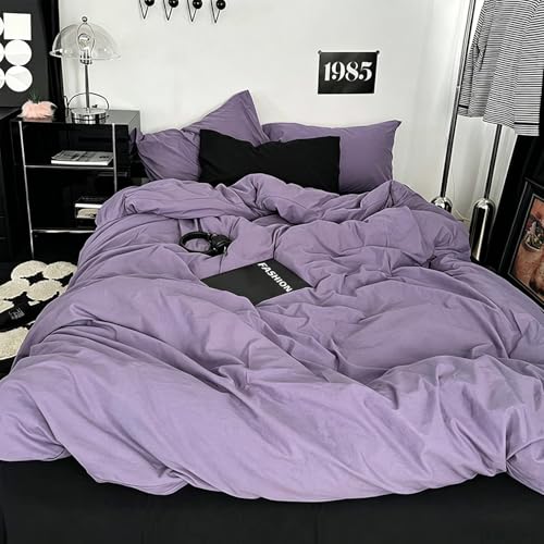 Image of mixinni Solid Purple Duvet Cover Set Queen Size - 100% Washed Cotton 3-Piece Minimalist Bedding Set, Ultra Soft Breathable Solid Color Purple Comforter Cover with Zipper & Corner Ties, Full Size