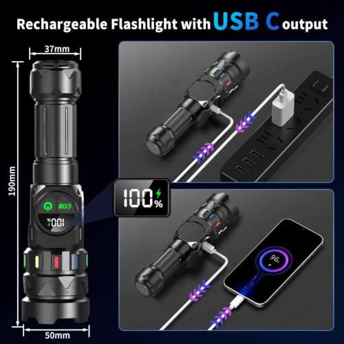 Image of Svoko High Power Rechargeable Torch Light, Long Range 2KM Beam, IP67 Waterproof LED Flashlight with 9 Light Modes, Adjustable Portable Torchlight for Camping and Outdoor Use