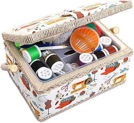 Medium Sewing Basket Sewing Storage and Organizer with Complete Mini Sewing Kit Accessories Included, Wooden Sewing Box Kit with Removable Tray and Tomato Pincushion for Sewing Mending, White