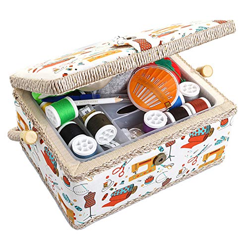 Medium Sewing Basket Sewing Storage and Organizer with Complete Mini Sewing Kit Accessories Included, Wooden Sewing Box Kit with Removable Tray and Tomato Pincushion for Sewing Mending, White