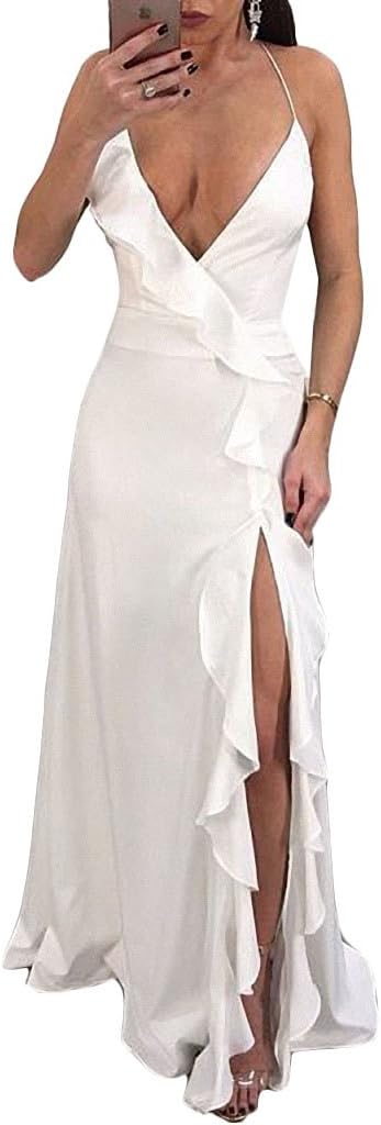 Cutedi Womens Sexy Spaghetti Strap Sleeveless V Neck Criss Cross Backless Side Split Long Maxi Dress Evening Gown White S