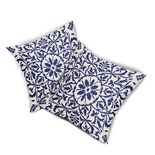 Navy Blue Ethnic Boho Pillow Covers 20 X 20 Inch Bohemian Carpet Style Vintage Navy Flower Print Decorative Throw Pillows Outdoor Linen Square Cushion Case Farmhouse Decor For Home Sofa Bed Set Of 2 #TOP7