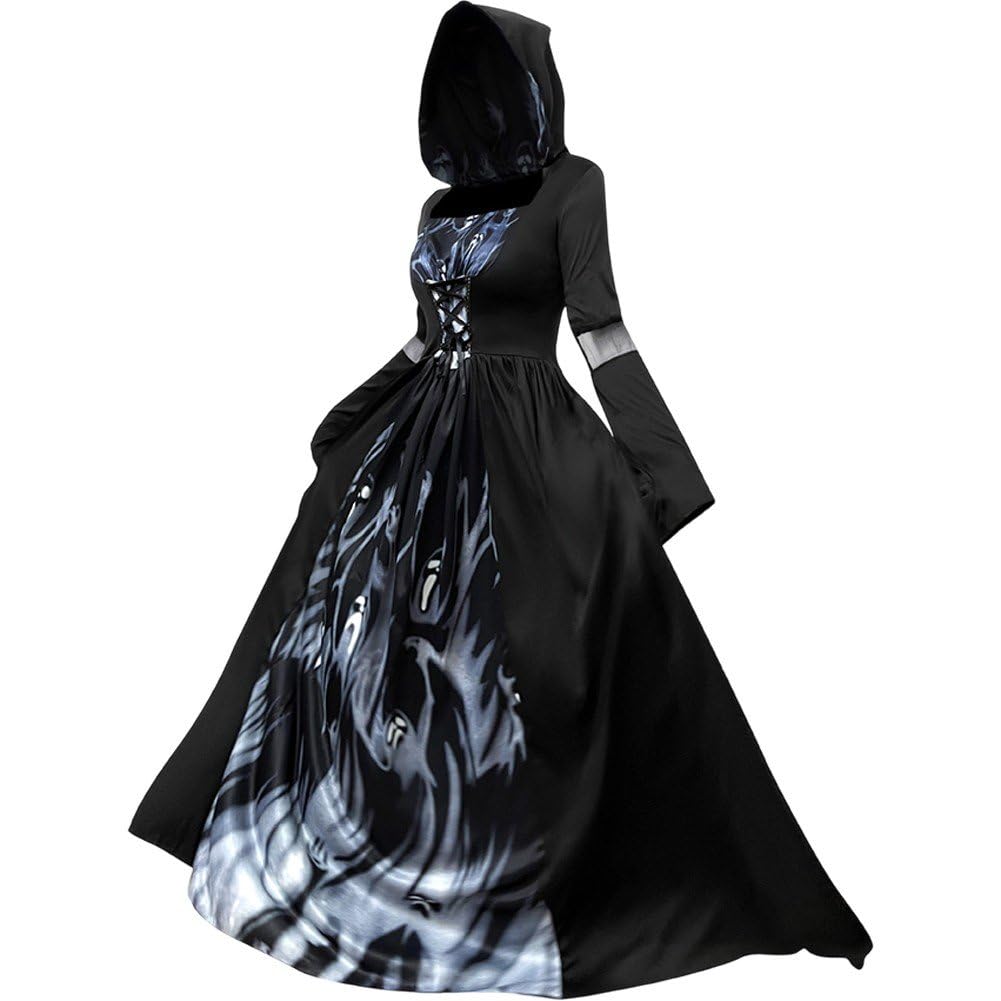 Robe gothique à capuche confortable pour jeu de rôle de sorcière fluide
