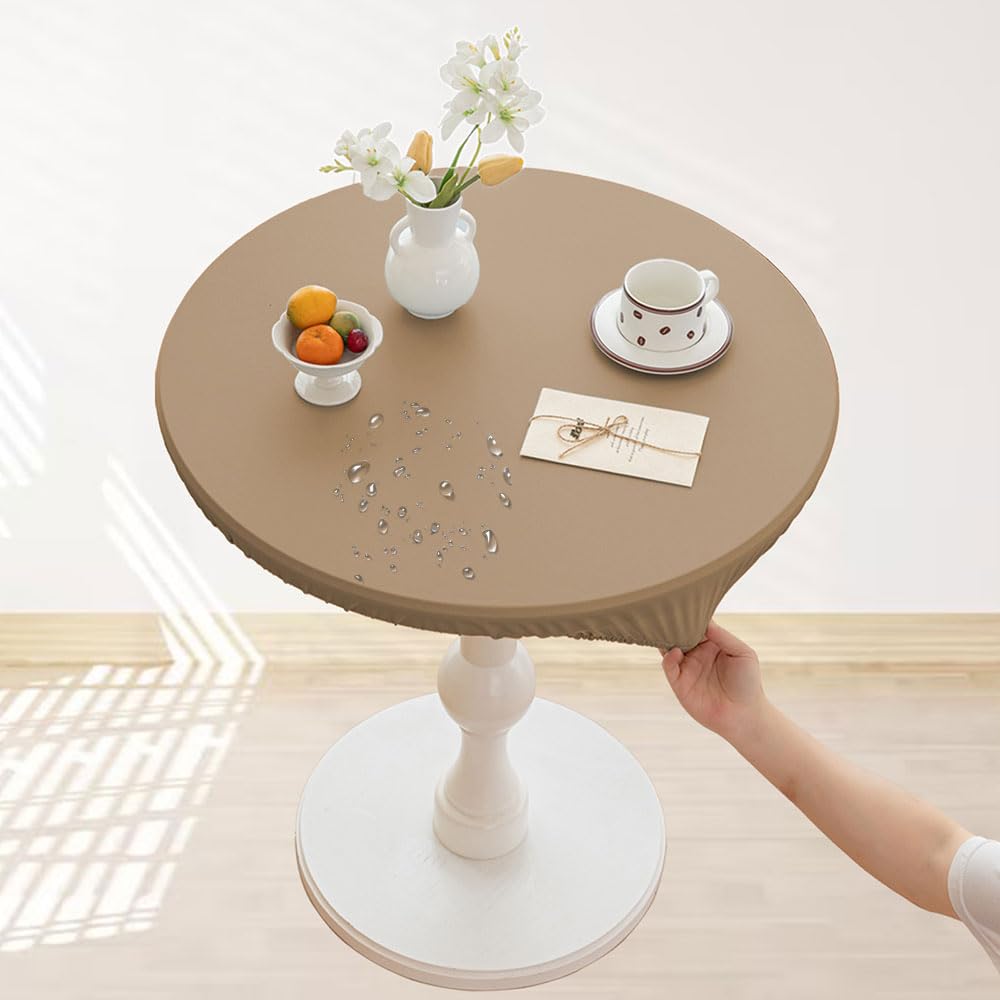 Lukery Fitted Elastic Round Tablecloth, Wipe Clean Tablecloths Waterproof Stain Resistant Table Decoration for Kitchen Garden Indoor Outdoor (Diameter 110cm,Khaki)