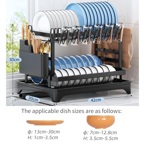 Image of Black 2 Tier Foldable Dish Drainer Rack - Stainless Steel, Large Rustproof for Kitchen Counter With Utensil Holder, Cup Holder and Drip Tray