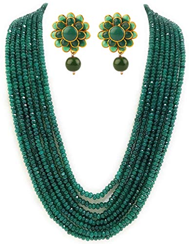 PANAASHE-RAJASTHANI Green Onyx 7 Layer necklace set with Stud earring for women