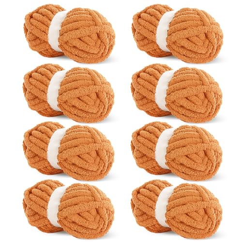 Hombys Orange Chunky Chenille Yarn for Crocheting and Knitting Super Bulky Thick Fluffy Yarn for Hand Knitting Blanket Soft Plush Yarn 8 Jumbo Pack (27 yds 8 oz Each Skein)