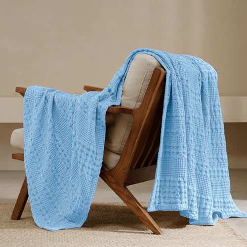 Image of PHF 100% Cotton Waffle Throw Blanket for Couch, Lightweight Breathable and Soft for Summer, Luxury Aesthetic Waffle Weave Blanket for Home Decor & Office, Gifts for Women, 50 inchx60 inch, Airy Blue