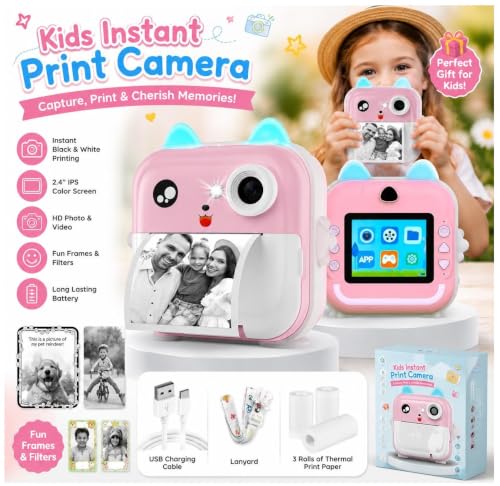 Image of CADDLE & TOES Instant Print Camera for Kids - 1080P HD, 48MP, Bluetooth, 3 Rolls Print Paper, Stickers, Fun Filters, Gift for Kids (Pink)