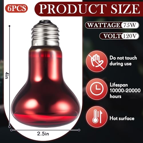 Image of VIHOSE 6 Pack 75 W Reptile Heat Bulbs Red Heat Lamp Bulb Infrared Lamp Red Basking Light Bulbs for Reptiles, Bearded Dragon, Lizard, Tortoise, Chickens, Leopard Gecko, Amphibian, Pets