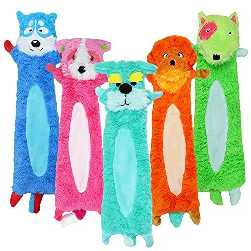 5 Pack Flat No Stuffing Dog Chew Toys for Aggressive Chewers with 20 Squeakers, Plush Interactive Squeaky Dog Toys for Large Breed Dogs, 5 Kind of Cute Puppy Shape Durable Funny Doggie Toys
