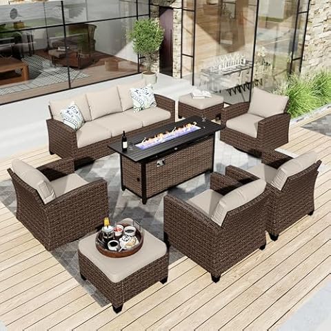 HERA'S HOUSE Patio Furniture Set with 56" Fire Pit Table, Swivel Rocker Chairs with Ottoman, Outdoor Wicker Conversation Set for Lawn Garden Deck Backyard, Beige Cover