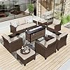 HERAS HOUSE Patio Furniture Set with 56 Fire Pit Table Swivel Rocker Chairs with Ottoman Outdoor Wicker Sectional Conversation Set for Lawn Garden Deck Backyard BrownBeige