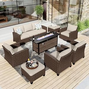 HERA’S HOUSE Patio Furniture Set with 56″ Fire Pit Table, Swivel Rocker Chairs with Ottoman, Outdoor Wicker Conversation Set for Lawn Garden Deck Backyard, Beige